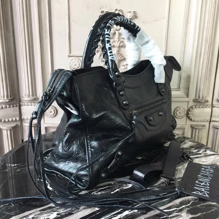 BALENCIAG巴黎世家 GRAFFITI CLASSIC CITY 30cm機車包 爆裂紋羊皮 手提肩背斜挎包  BL1463